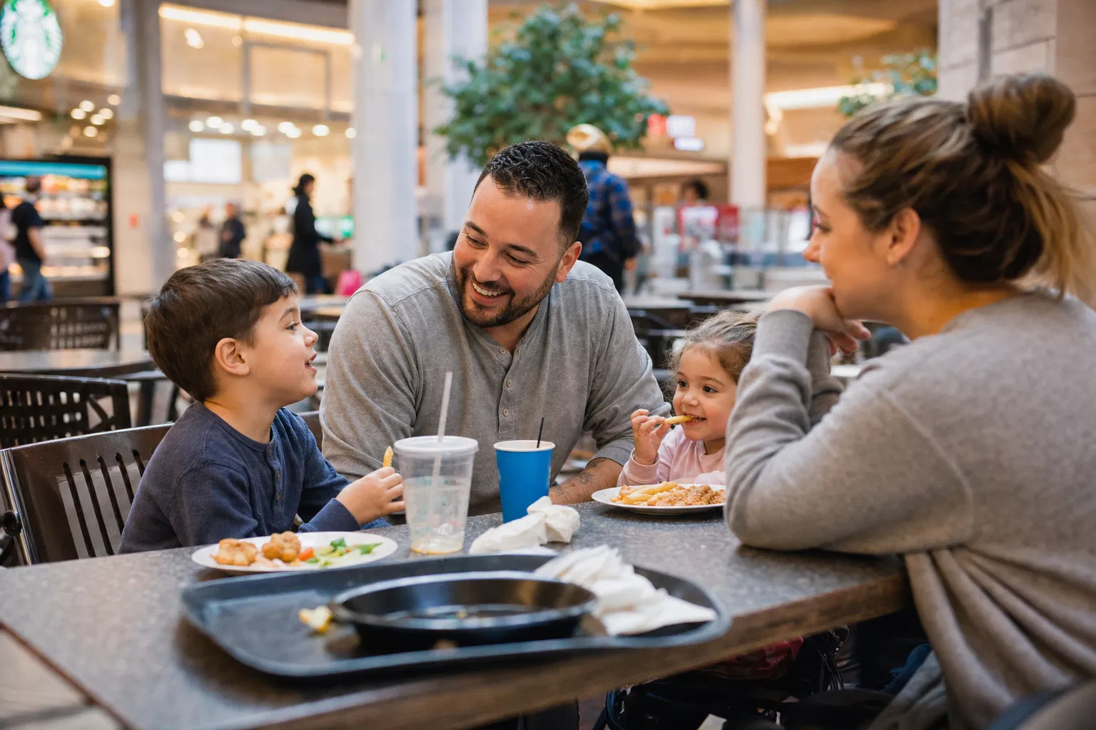Supervised visitation at a family-friendly mall food court